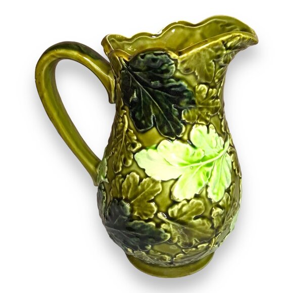 Mid-Century Modern Green Leaf Inspired Majolica Ceramic Pitcher & Planter RARE - Picture 6 of 11